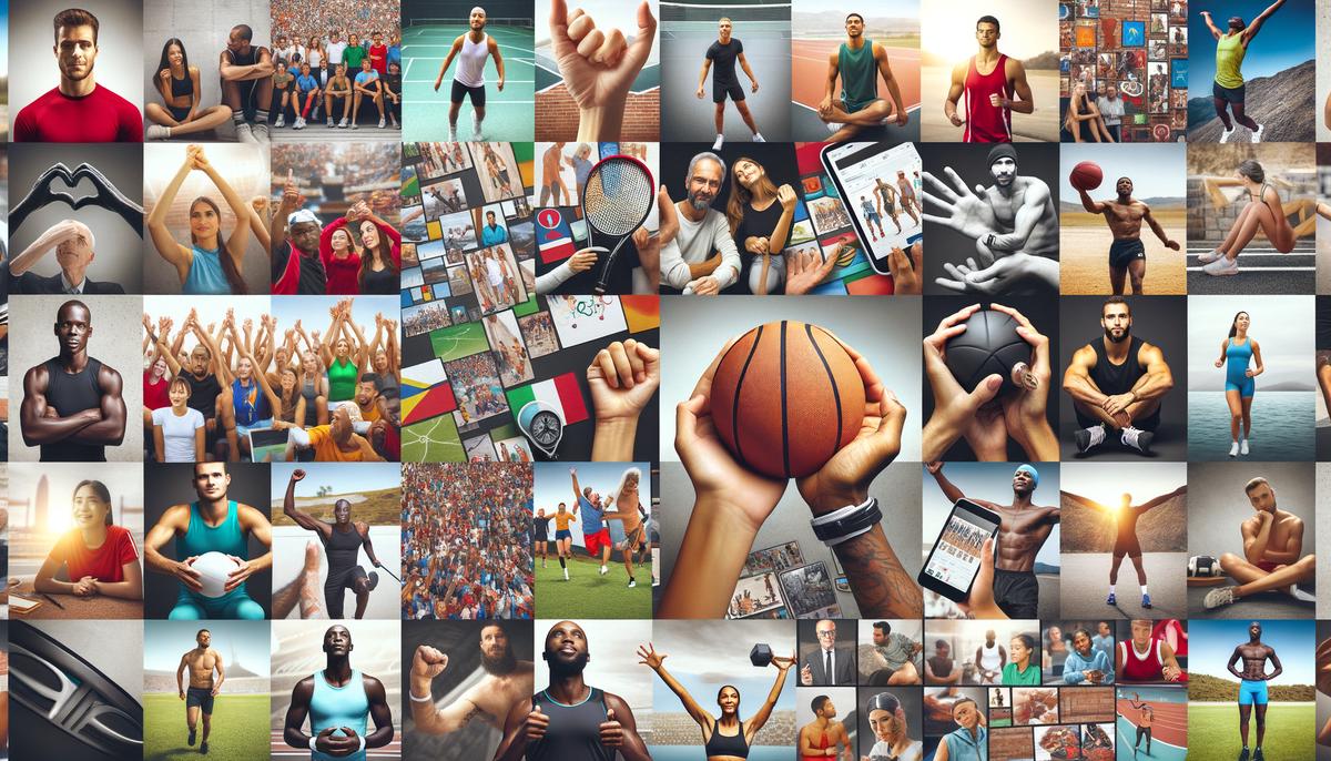 A collage showing UVU Sportswear's global community engagement through digital platforms, with images of diverse athletes sharing their stories, participating in online challenges, and connecting with each other.