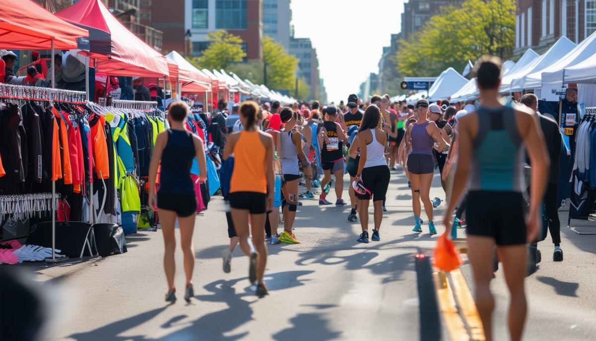 A lively scene at a UVU Sportswear pop-up shop activation event near a major city marathon, with people trying on gear, participating in mini challenges, and interacting with each other.