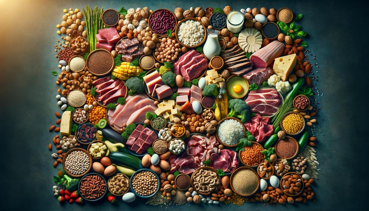 A visually appealing display of various protein sources, including both animal-based options like meat, dairy, and eggs, as well as plant-based options like legumes, grains, nuts, and seeds.