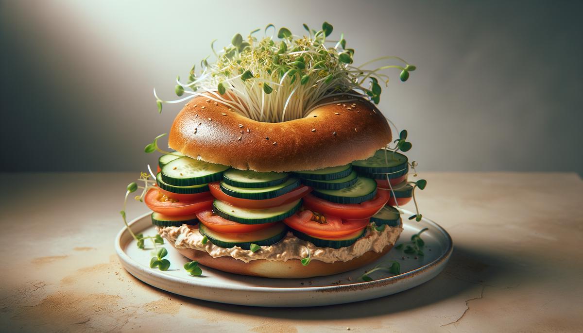 A colorful veggie bagel sandwich with hummus, cucumber, tomato, sprouts, and shredded carrots on a white plate