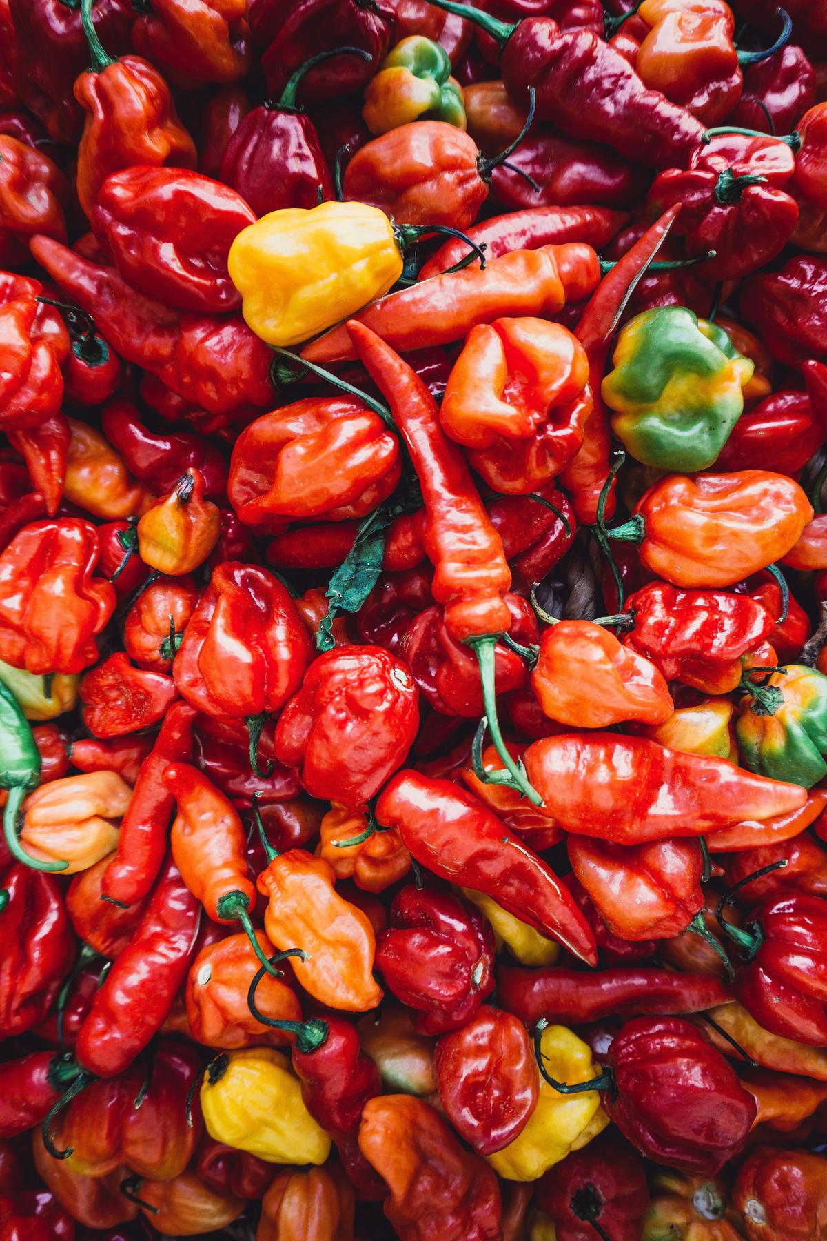 Eine Auswahl an verschiedenen Zutaten wie Chilis, Obst, Gewürzen und Kräutern, die die Vielfalt an Geschmacksprofilen von Hot Sauces veranschaulichen