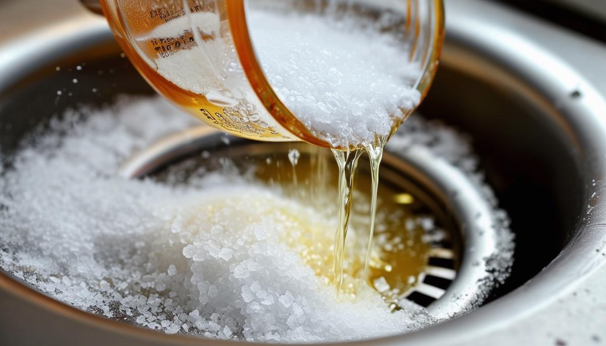 Baking soda and salt being poured into a drain, followed by hot vinegar, creating a foaming reaction to clean the drain and remove clogs.