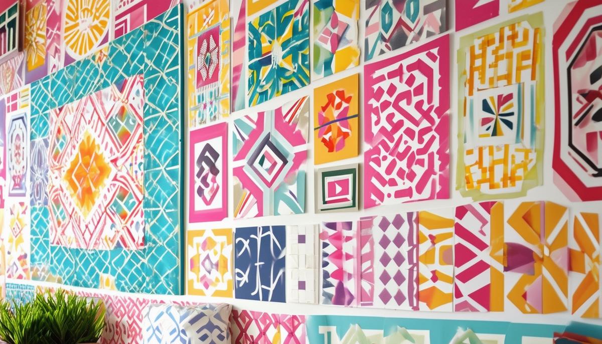 A close-up view of a wall decorated with intricate geometric patterns and designs created using colorful Washi Tape, showcasing the creativity and versatility of this renter-friendly decor solution.