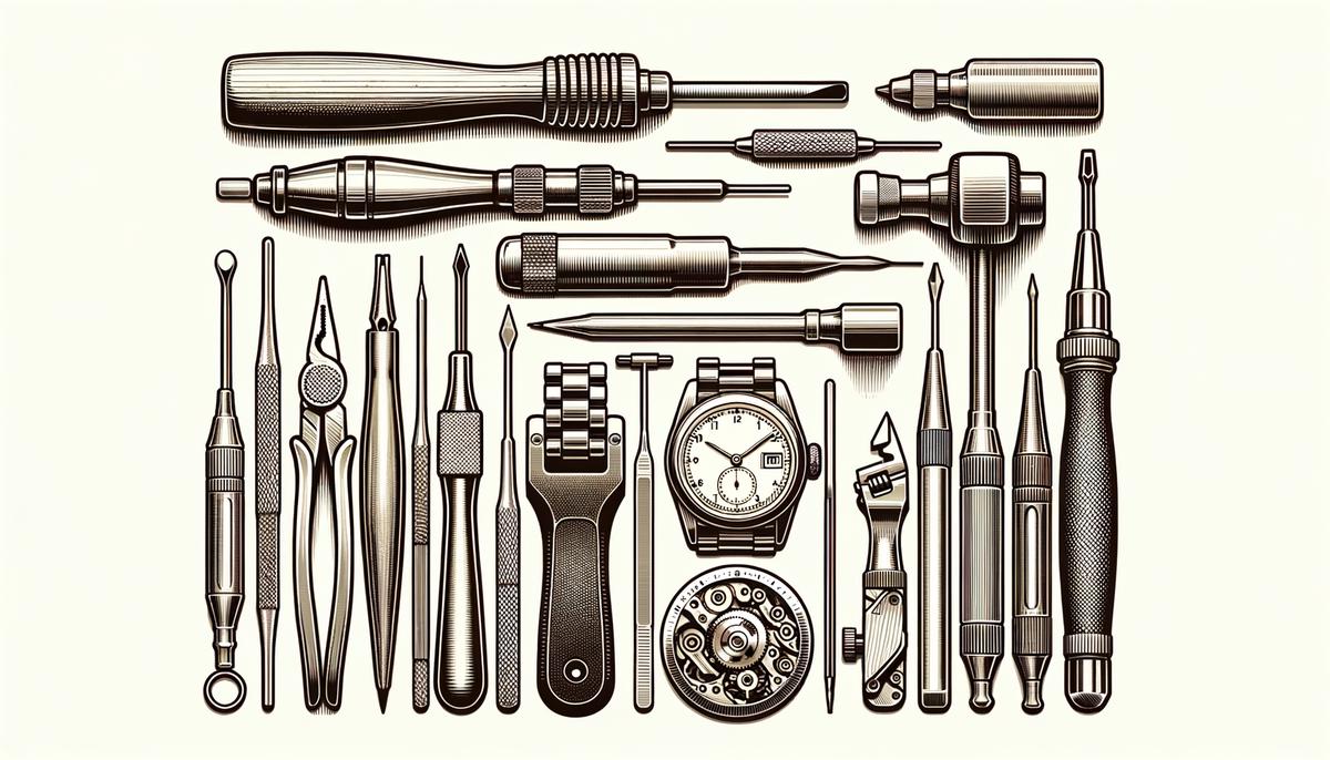 Various tools needed for adjusting a watch strap. Avoid using words, letters or labels in the image when possible.