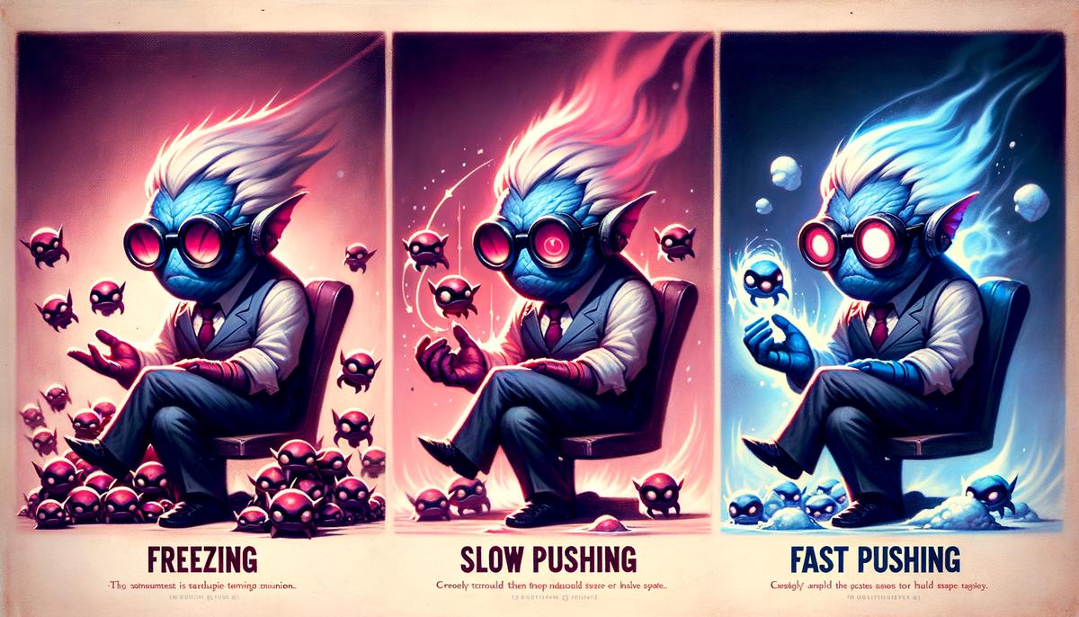 A visual representation of the three main wave management techniques in League of Legends: freezing, slow pushing, and fast pushing.