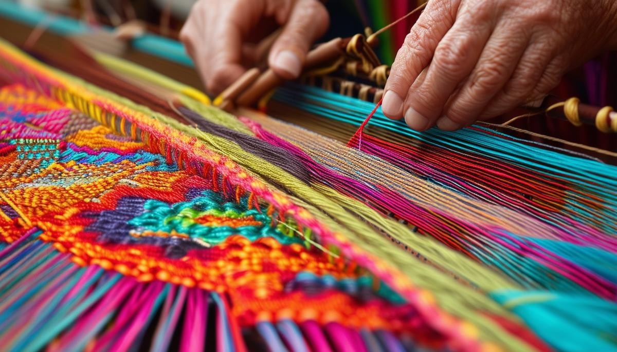 Hands weaving vibrant colorful threads into an intricate tapestry on a loom, creating a beautiful pattern.