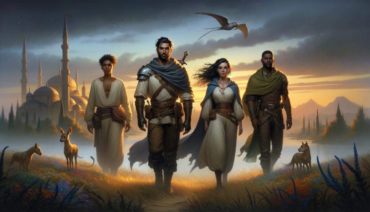 Four adventurers returning to their hometown at dusk, reflecting on their transformative journey