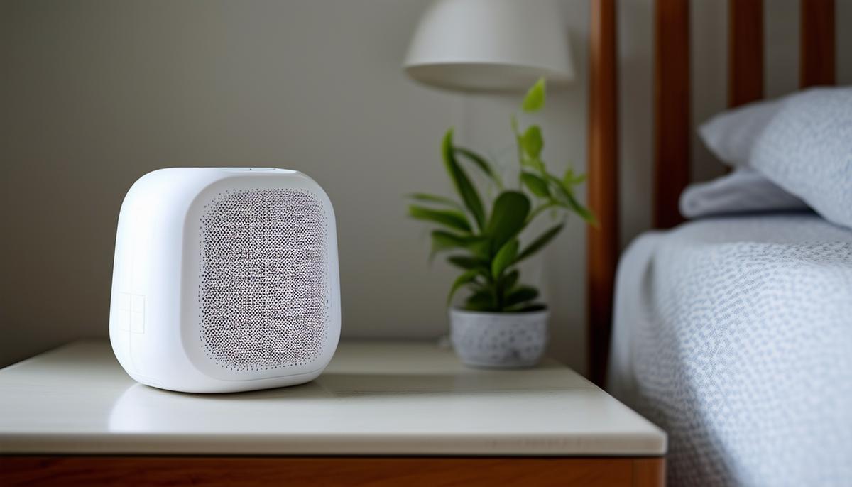 A white noise machine on a nightstand