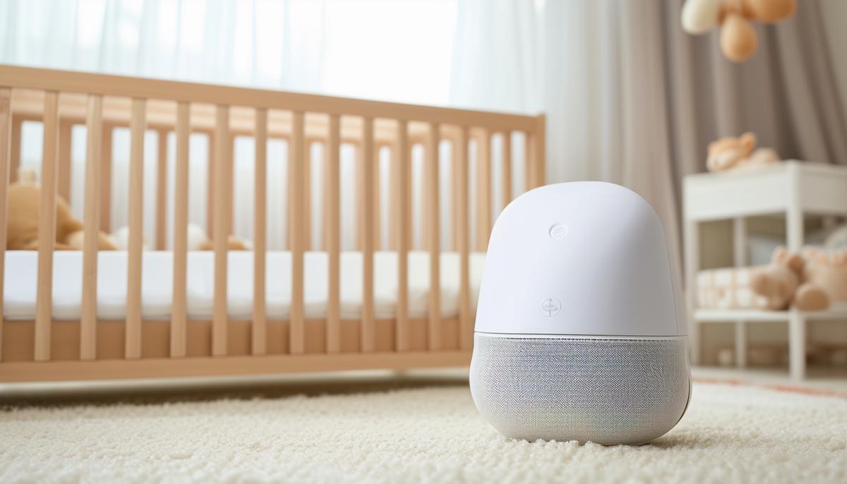 An image showing a white noise machine placed at a safe distance from a baby's crib.