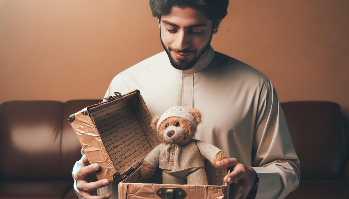 Ein junger Mann öffnet einen alten Karton und findet seinen geliebten Teddybären aus Kindertagen