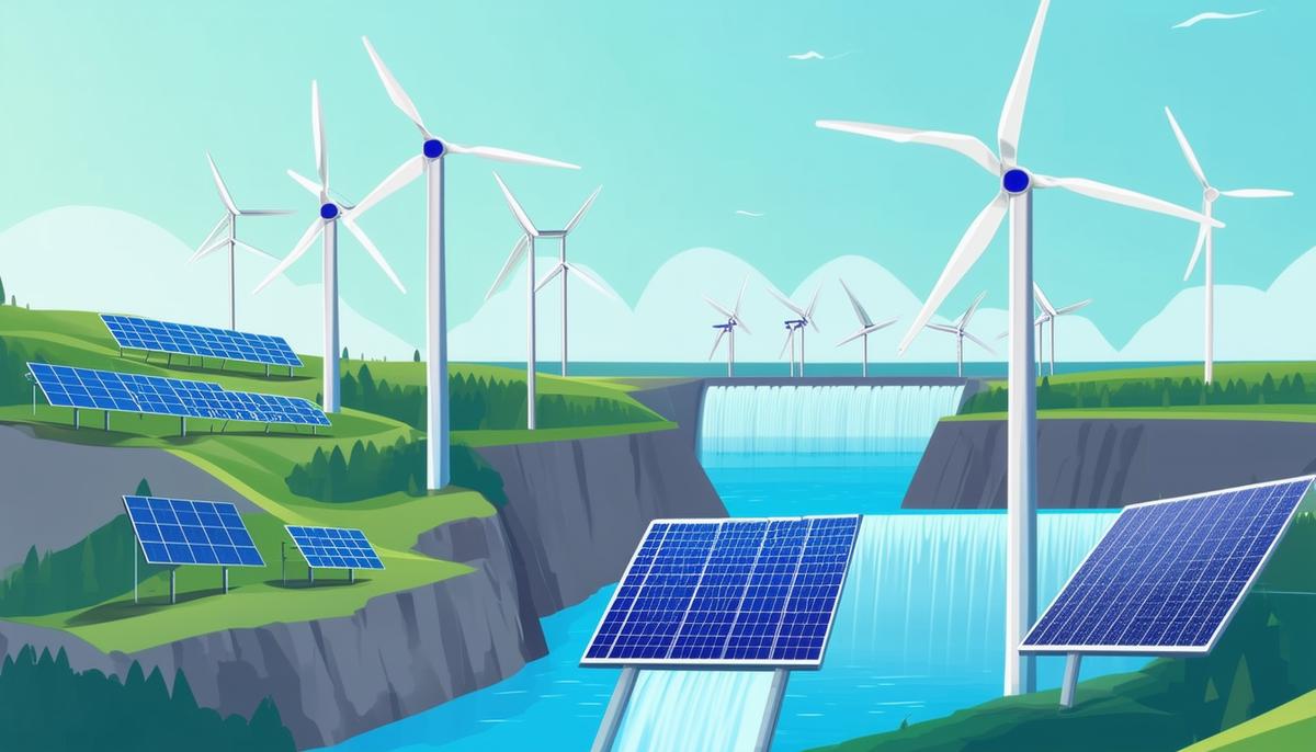 Illustration of wind turbines, solar panels, and a hydroelectric dam generating renewable electricity, with no text or labels