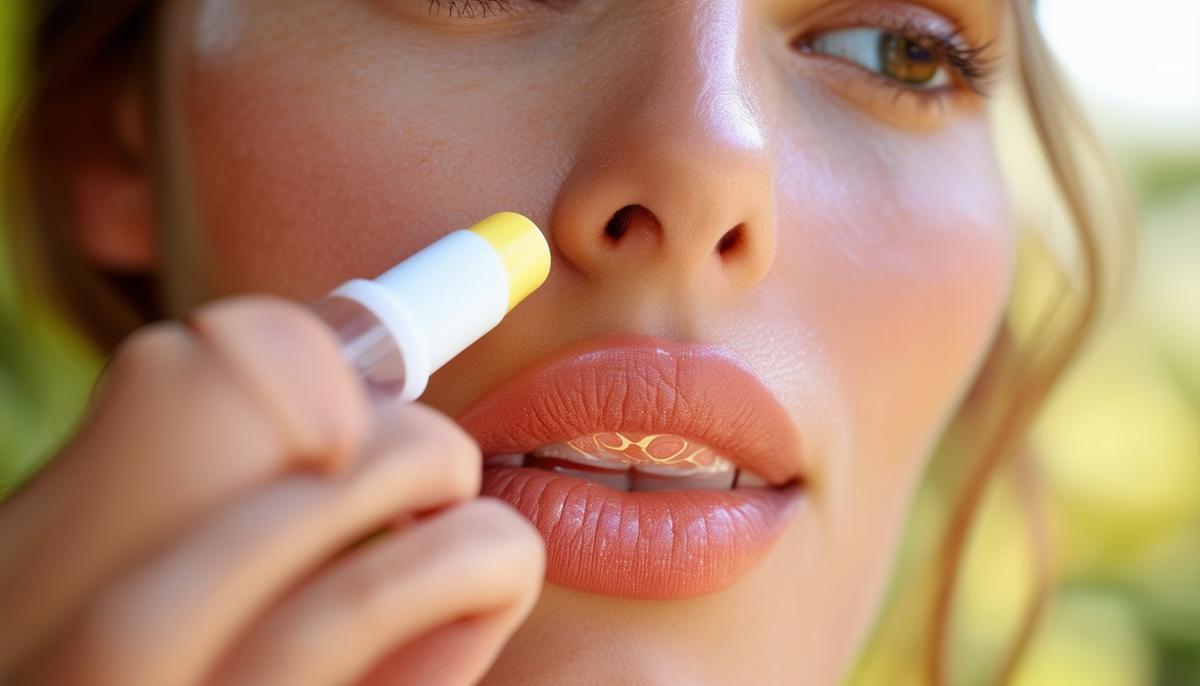 A woman applying a lip balm with SPF protection to her lips.