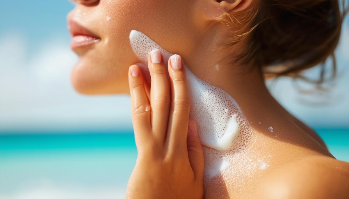 A woman applying sunscreen to her neck and chest area.