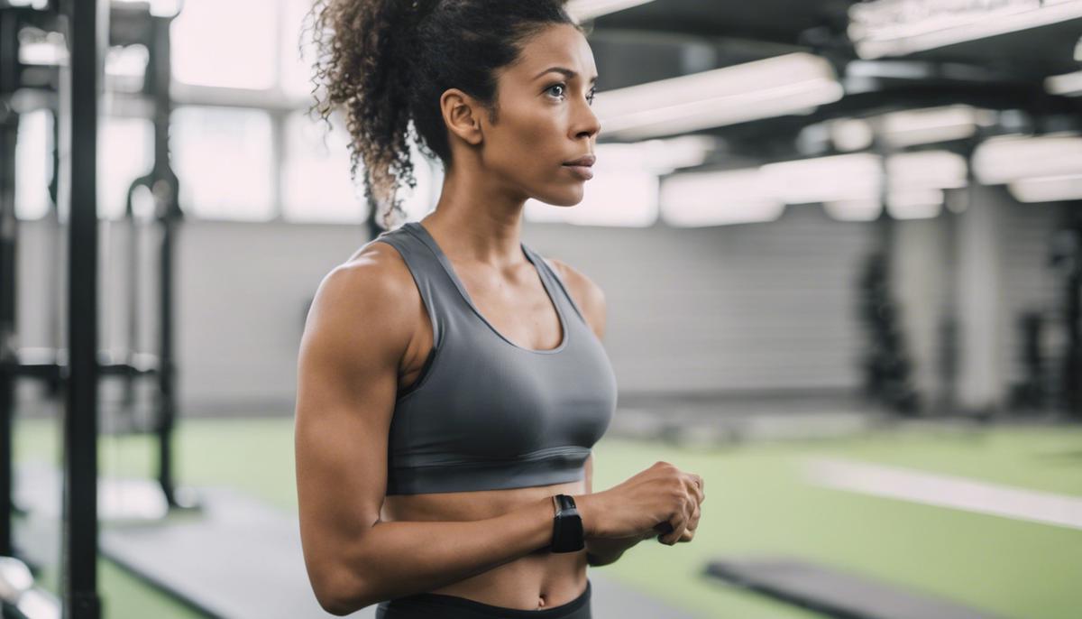 Woman in workout clothes standing and looking thoughtful while assessing her fitness level