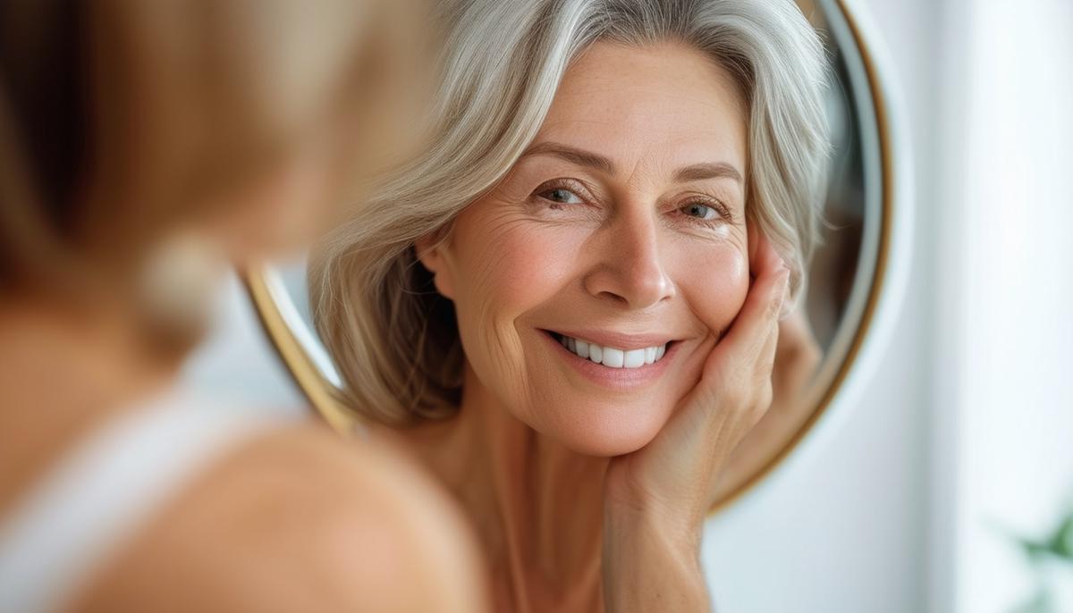 A confident, middle-aged woman with smooth skin smiling at her reflection in a mirror, showcasing the benefits of Botox