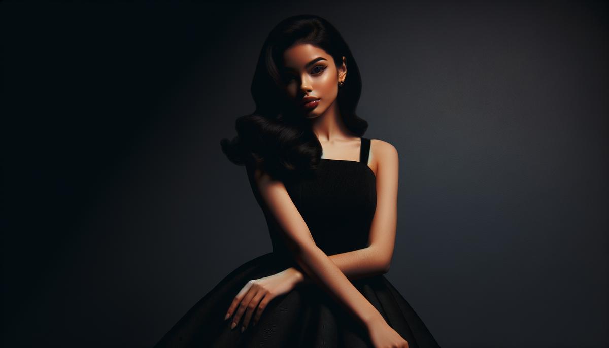 A woman wearing a little black dress, looking elegant and mysterious against a dark background.