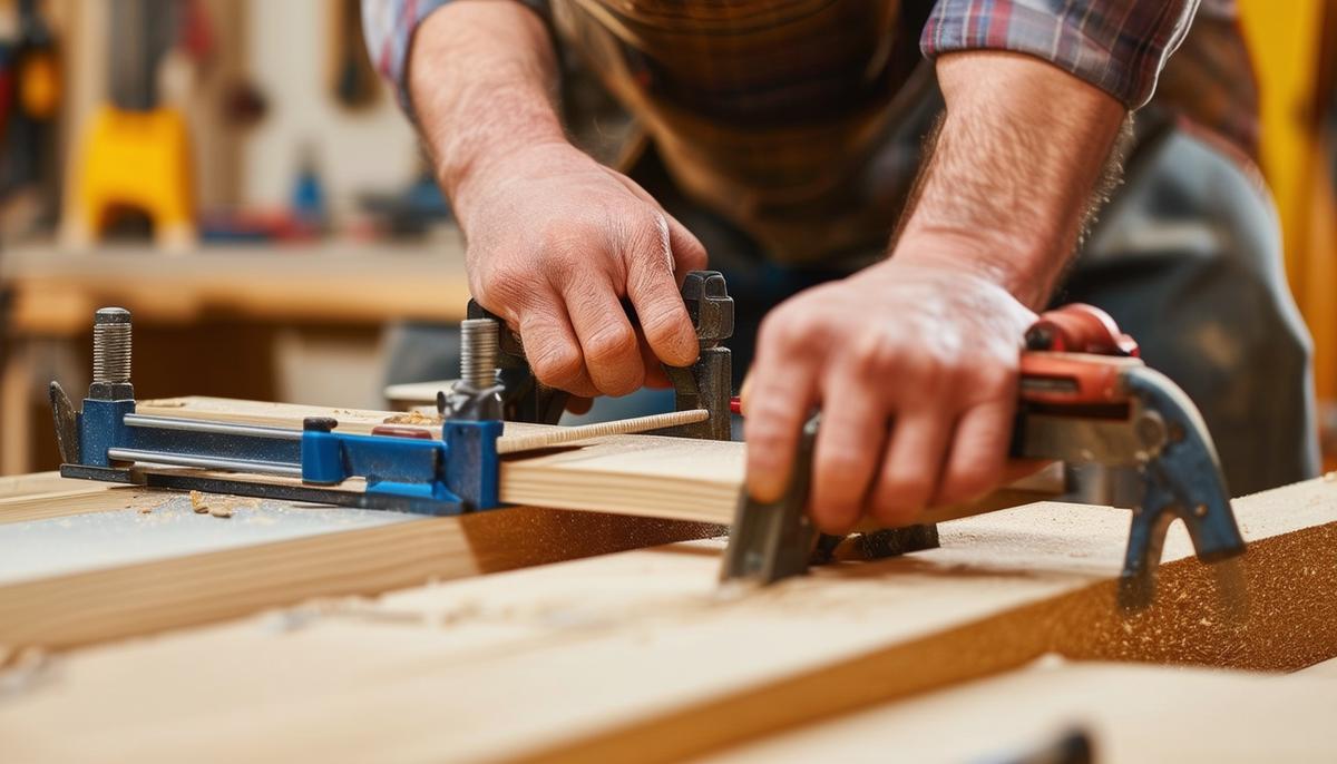 A woodworker carefully assembling a woodworking project, using clamps and jigs for precision.