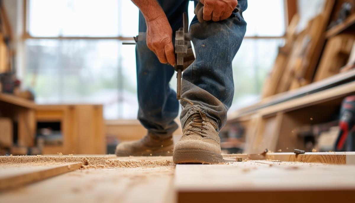 A woodworker demonstrating proper footwork and balanced stance while operating tools.