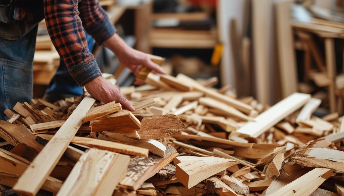 A woodworker gathering and sorting through a pile of wood scraps and offcuts.