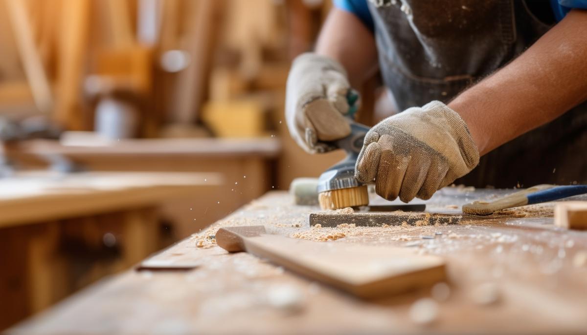 A woodworker carefully cleaning and maintaining their woodworking tools, ensuring they are in optimal condition.