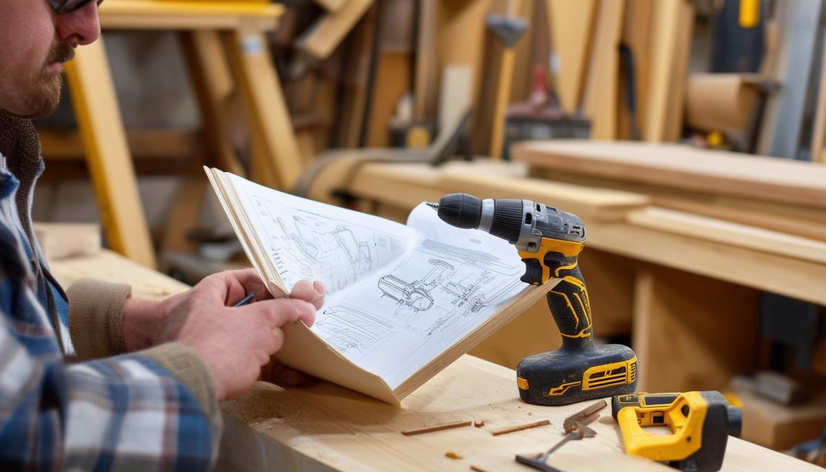 A woodworker carefully studying the manual for a tool to understand its operation and safety features.