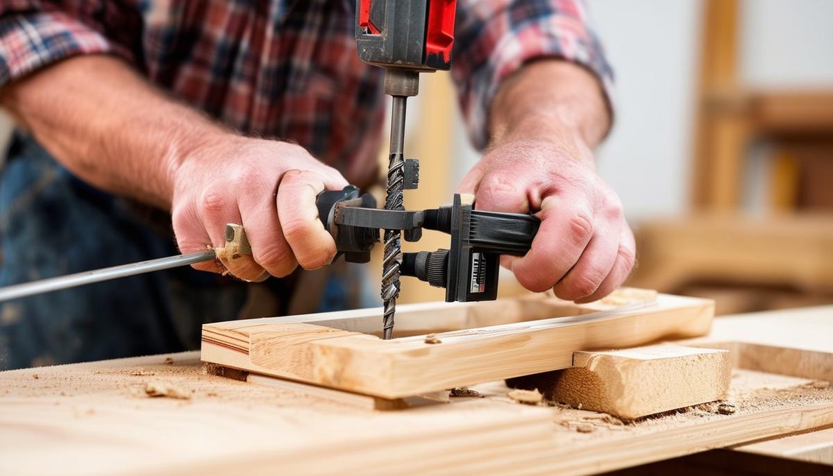 A woodworker using a homemade jig to ensure precise cuts or drilling on a woodworking project.