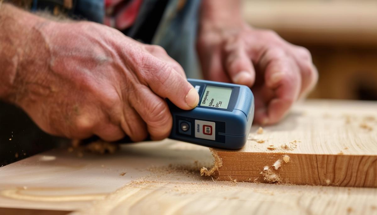 A woodworker using a moisture meter to check the moisture content of a piece of wood.