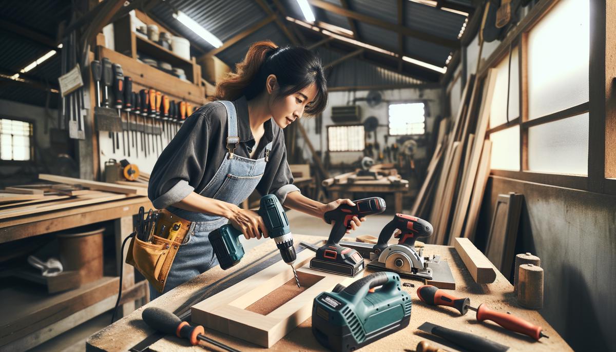 A person using various power tools like a drill, sander, and planer while working on a woodworking project.