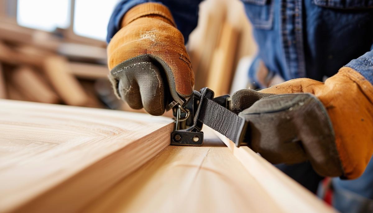 A woodworker using a ratchet strap to clamp and secure a woodworking project.