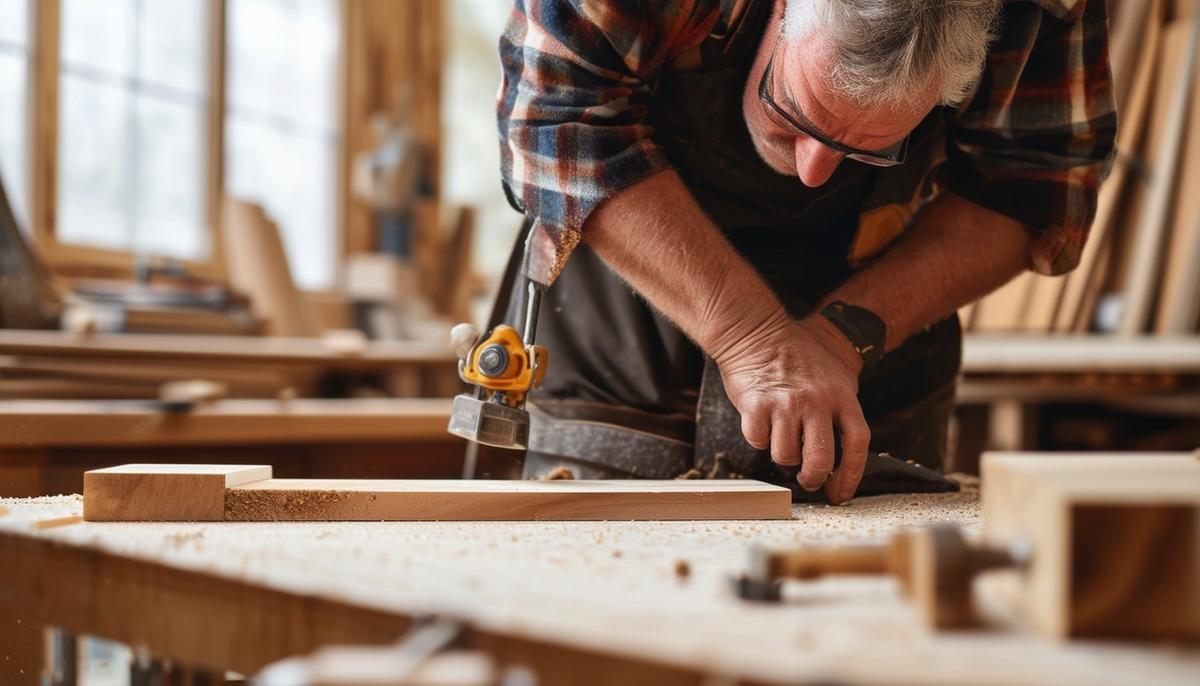 A woodworker visualizing and planning a cut, examining the workpiece and tools.