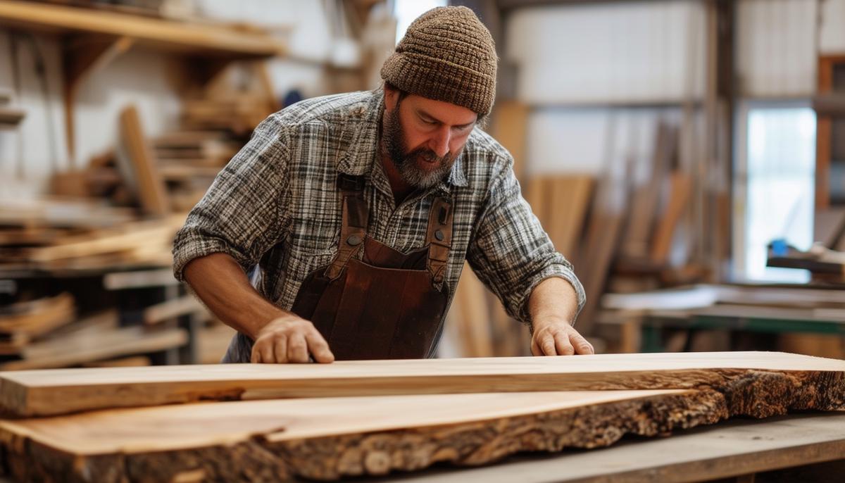 A woodworker examining a piece of reclaimed wood, inspecting its character and quality.