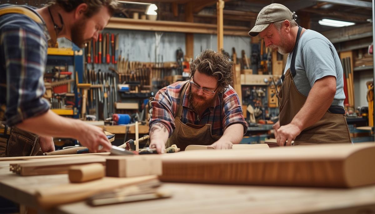 A group of woodworkers collaborating and sharing tools in a workshop setting.