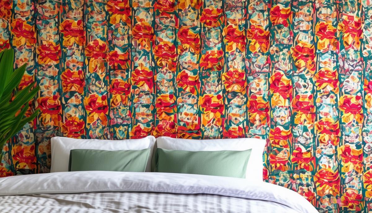 A wall in a bedroom adorned with a vibrant, patterned wrapping paper design, demonstrating how this affordable and temporary solution can add visual interest and personality to a space.