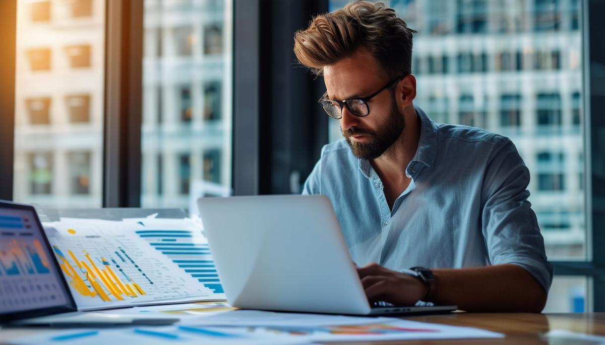 A focused entrepreneur working on a laptop and taking notes, surrounded by charts, graphs, and financial documents.