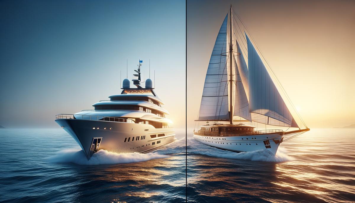 A realistic image comparing a motor yacht and a sailing yacht