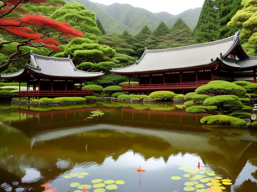A serene image of the Byodo-In Temple surrounded by lush greenery and a reflecting pond filled with colorful koi fish