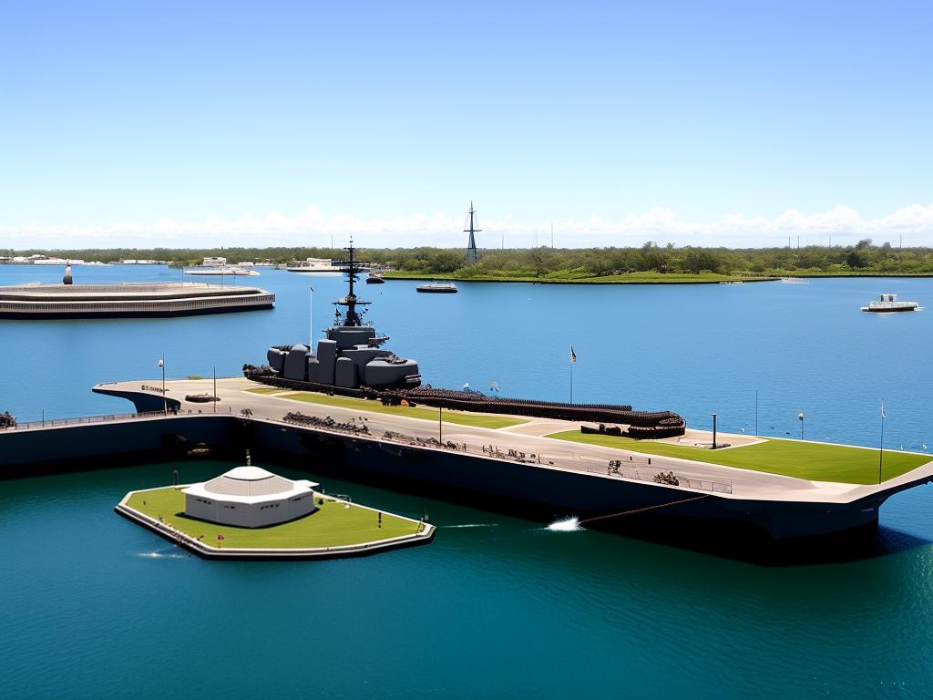 A serene and historical image of Pearl Harbor National Memorial, showcasing the memorial structure floating above the sunken USS Arizona battleship.