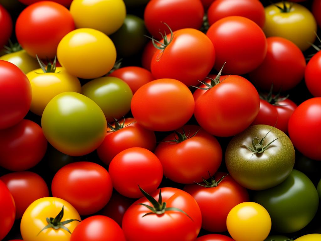 A close-up image of various ripe tomatoes of different colors and sizes piled up.